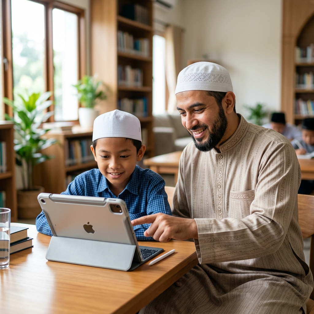 Ustadz Membimbing Santri Belajar Tajwid